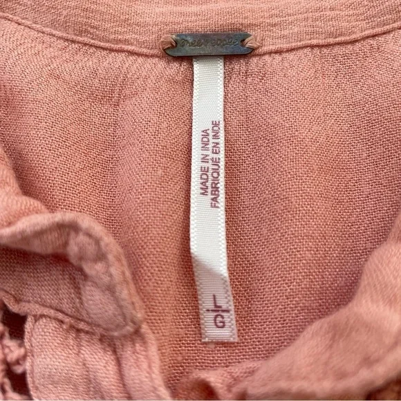 Free People Pink Orange Coral Katie Bird Long Sleeve Button Down Size Large - Picture 5 of 10